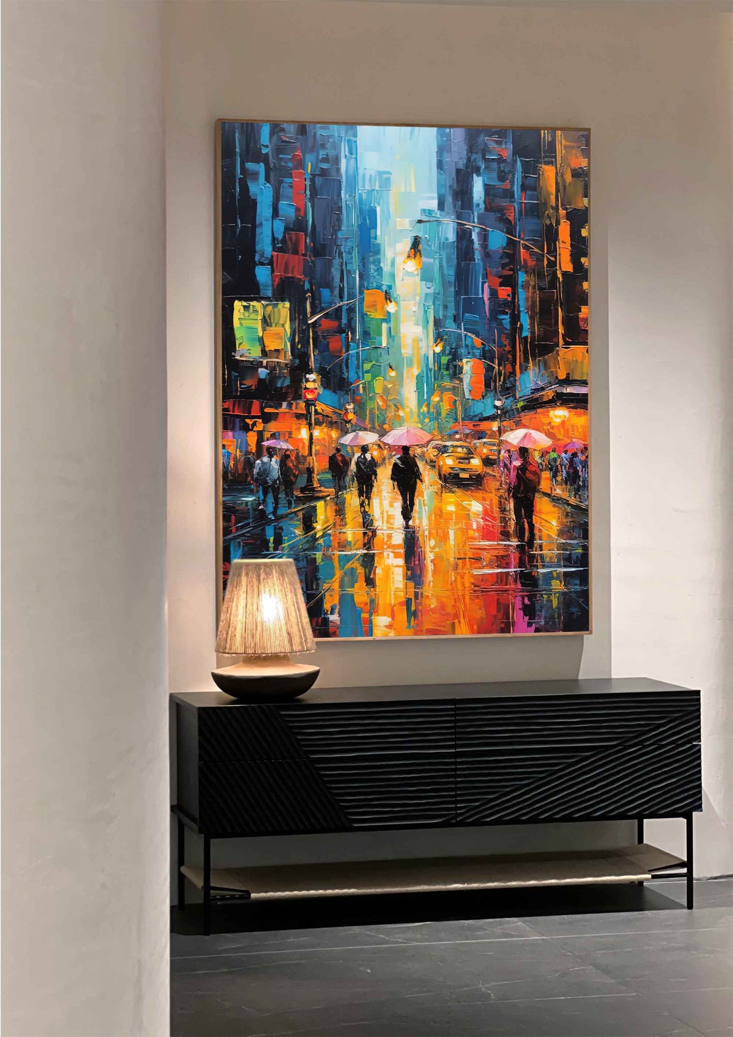 Neon Rain - Abstract City Painting Colorful Street Scene