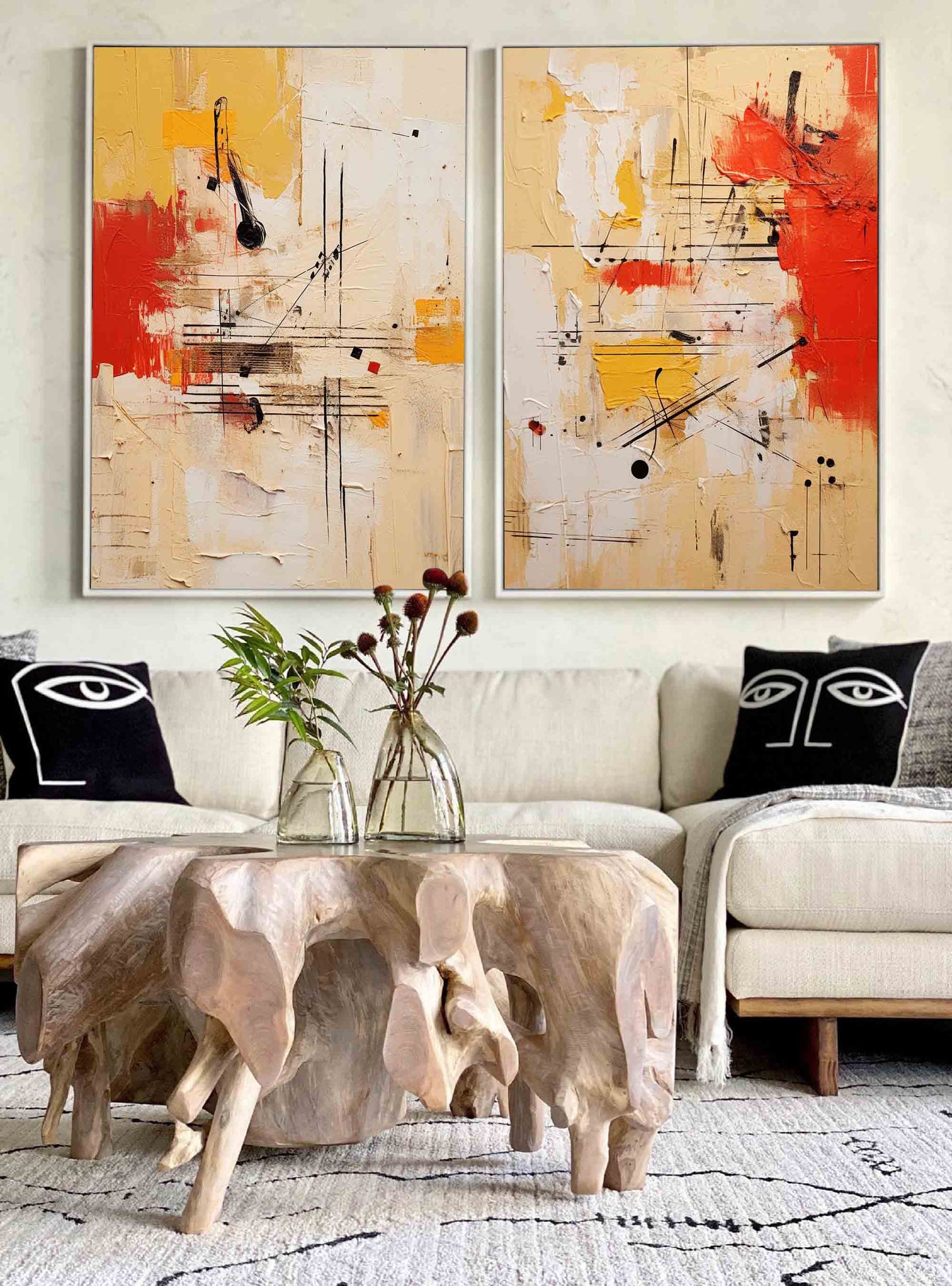 Rhythmic Duo Red and Black Abstract Diptych Wall Art