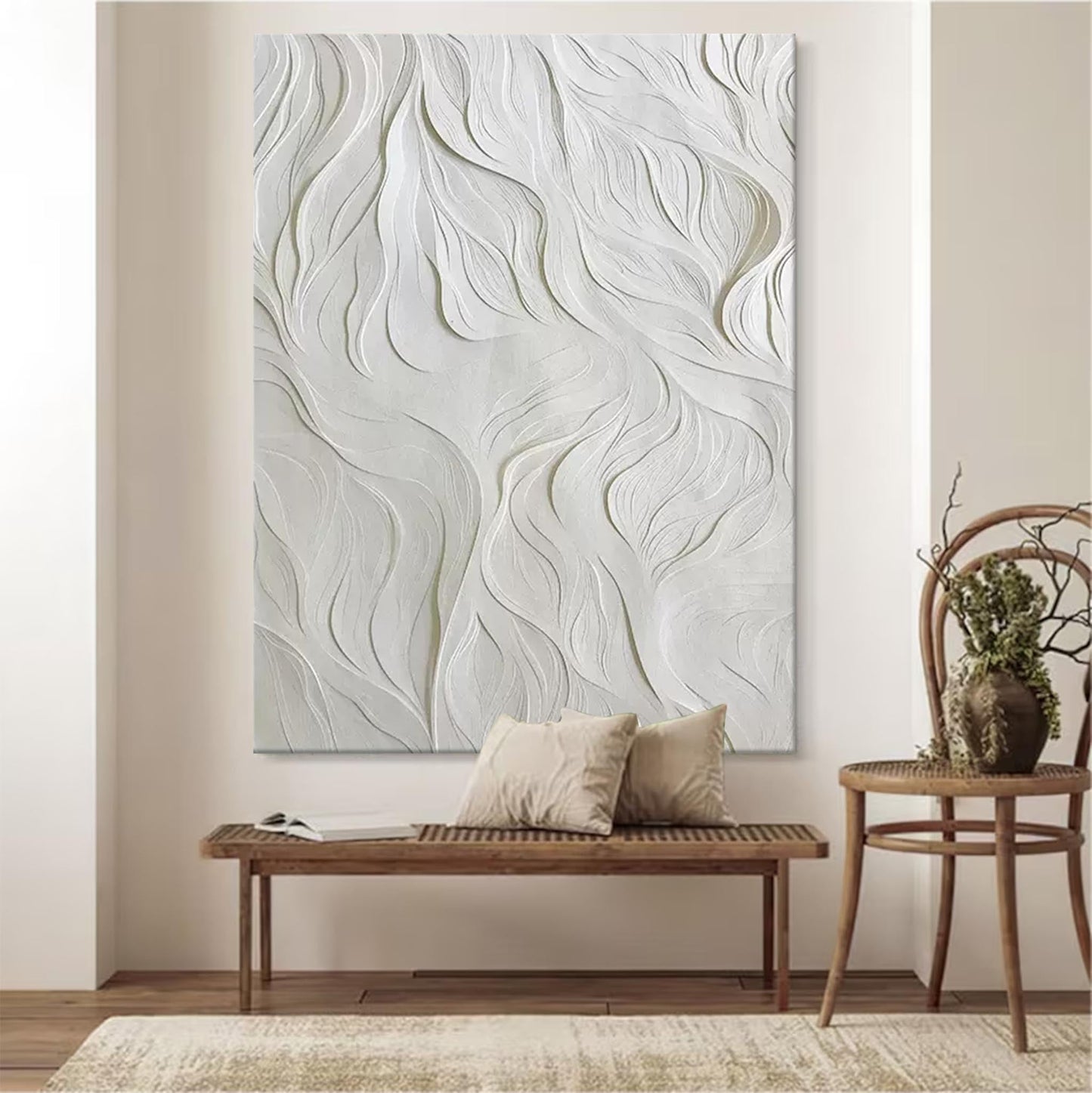 Flowing Forms - Textured White Plaster Wall Art in Wabi Sabi Style