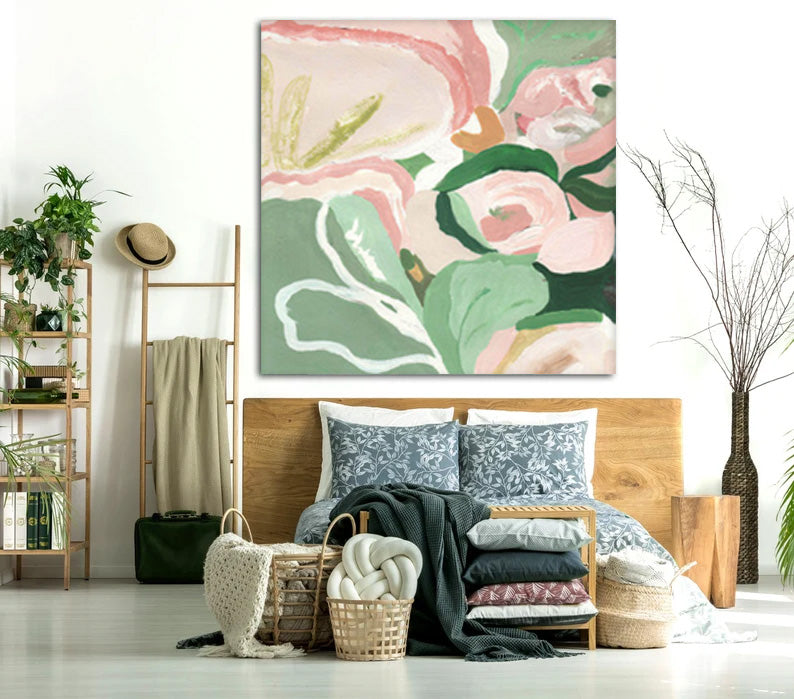 Garden Close-Up - Abstract Floral Pink and Green Wall Art