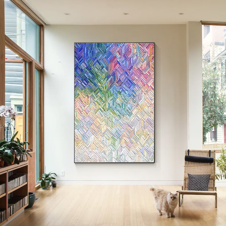Rainbow Weave - Heavy Texture Colorful Painting with Geometric Pattern