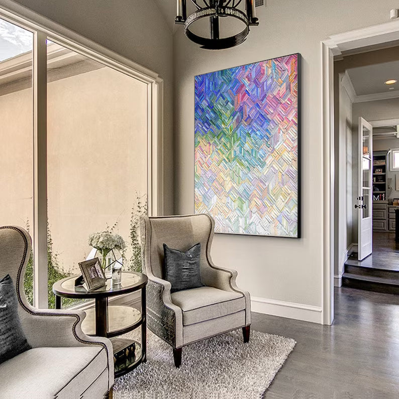 Rainbow Weave - Heavy Texture Colorful Painting with Geometric Pattern