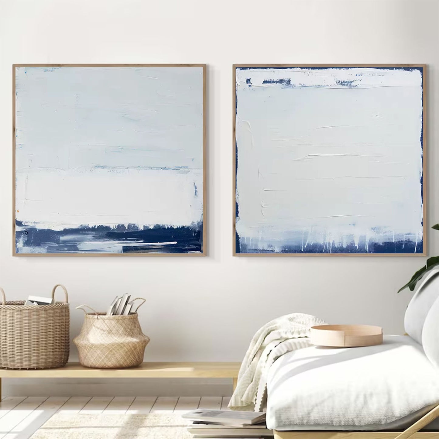Seascape Diptych - Minimalist White on White Abstract Paintings