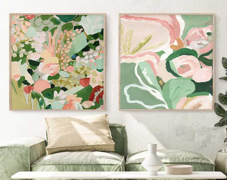 Garden in Bloom - Pink and Green Floral Canvas Wall Art Diptych