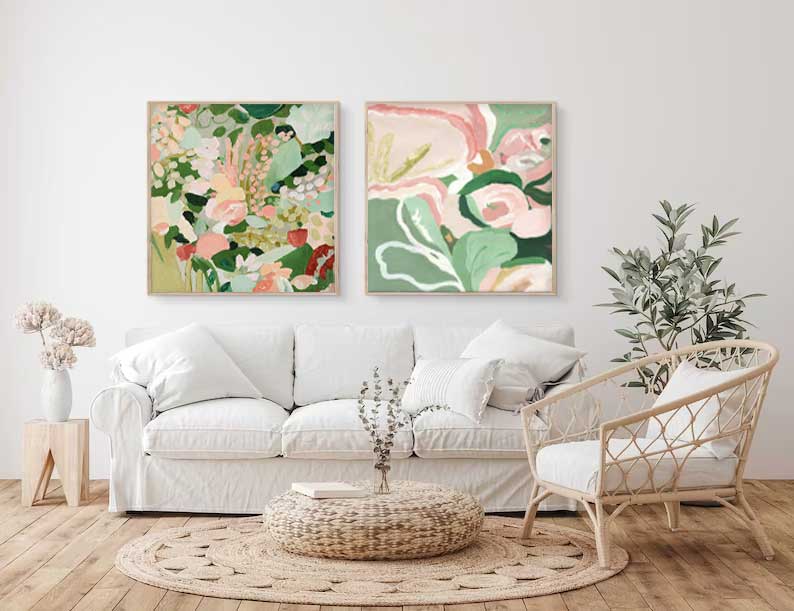 Garden in Bloom - Pink and Green Floral Canvas Wall Art Diptych
