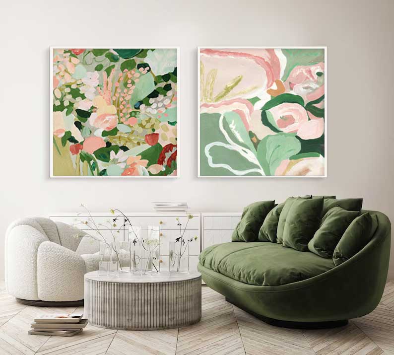 Garden in Bloom - Pink and Green Floral Canvas Wall Art Diptych