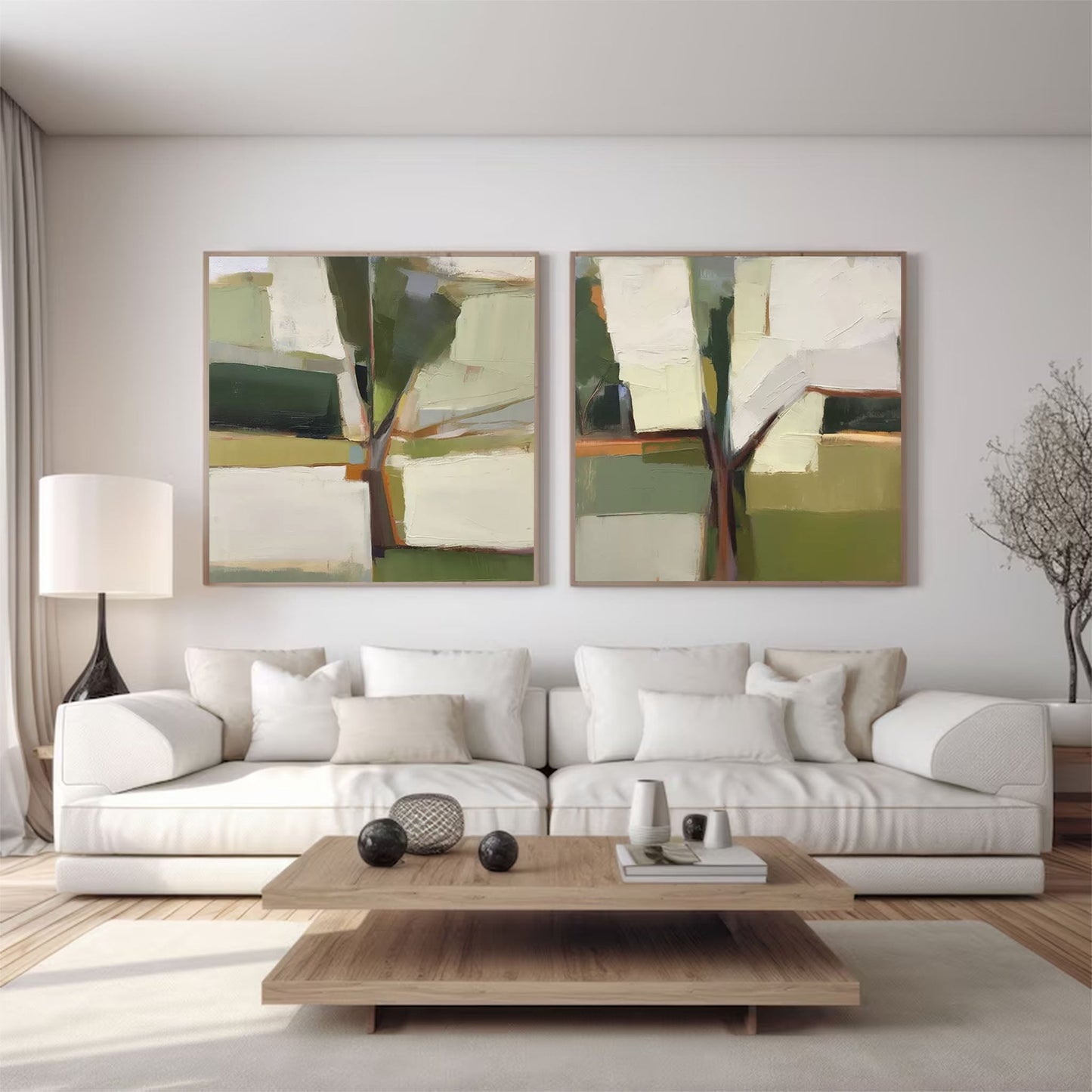 Olive Grove Diptych - Modern Abstract Tree Painting Set