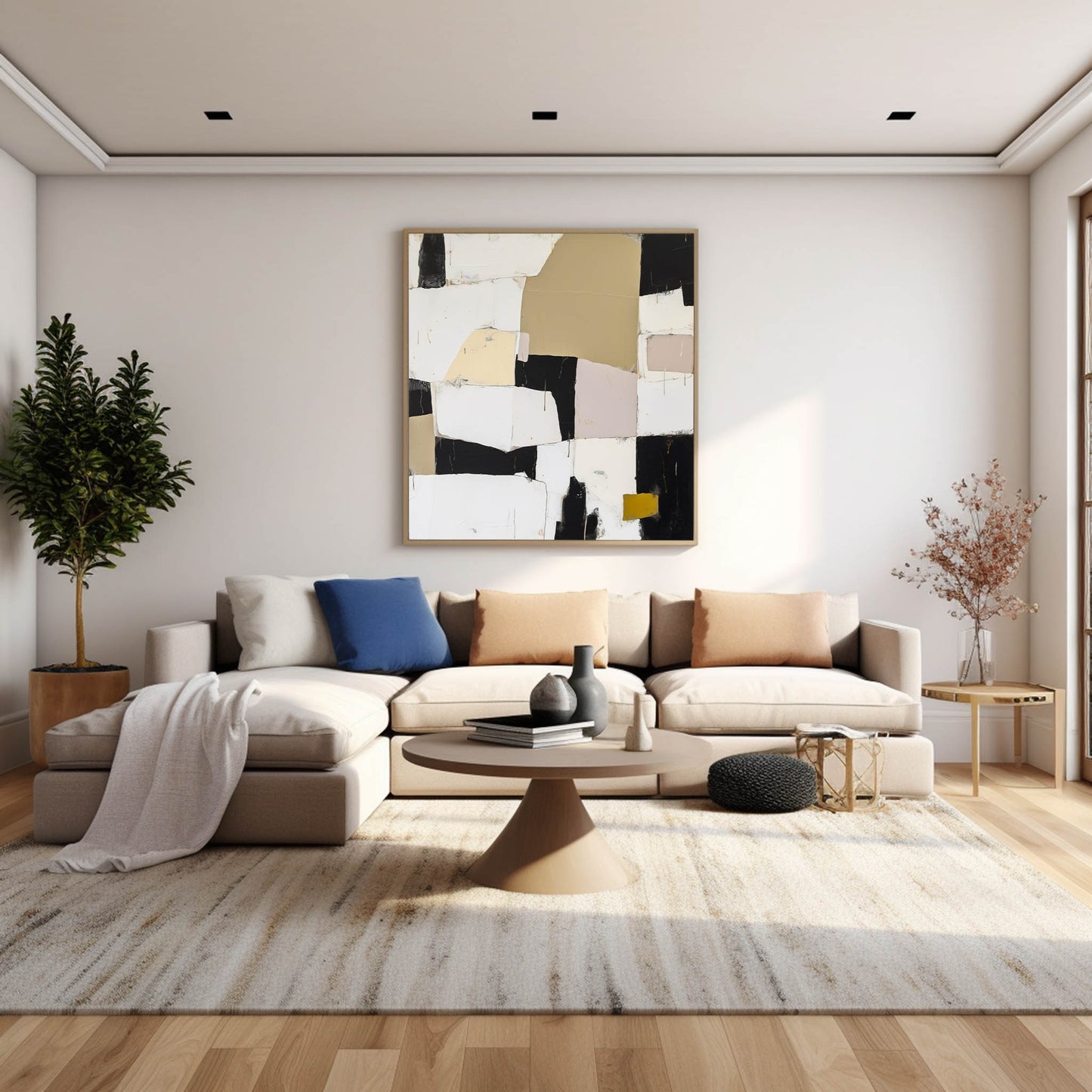 Urban Grid - Textured Neutral Abstract Painting with Black and Yellow