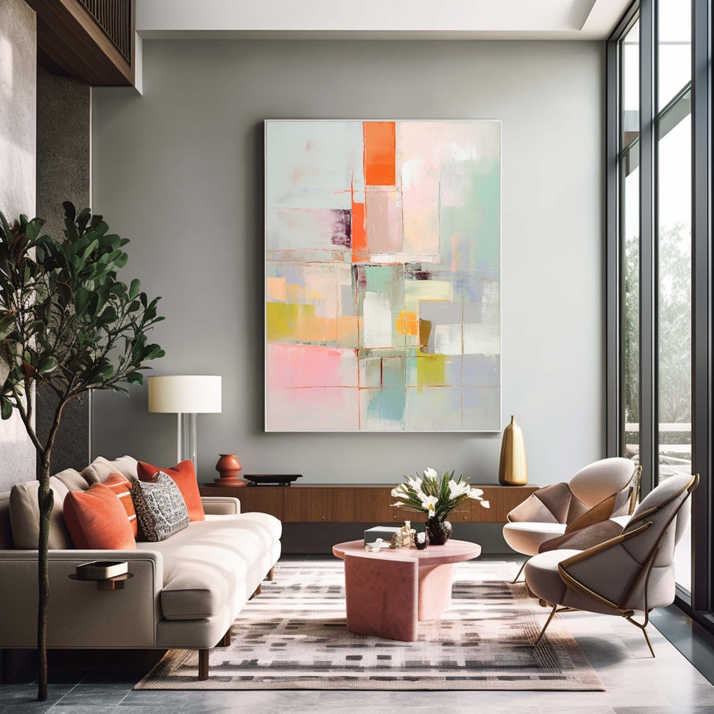 Serene Layers - Calm Abstract Art with Neutral Colours & Orange Accents