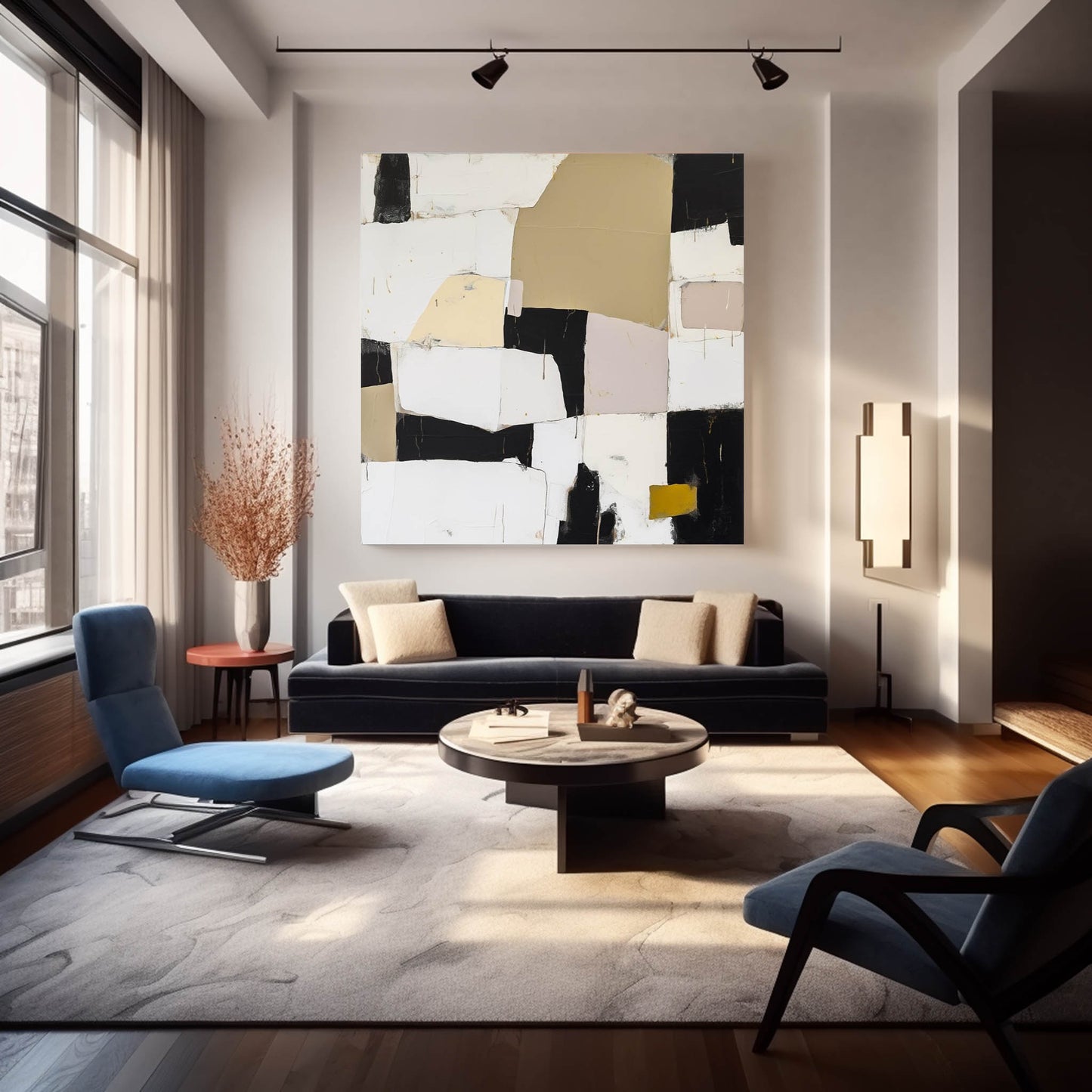 Urban Grid - Textured Neutral Abstract Painting with Black and Yellow