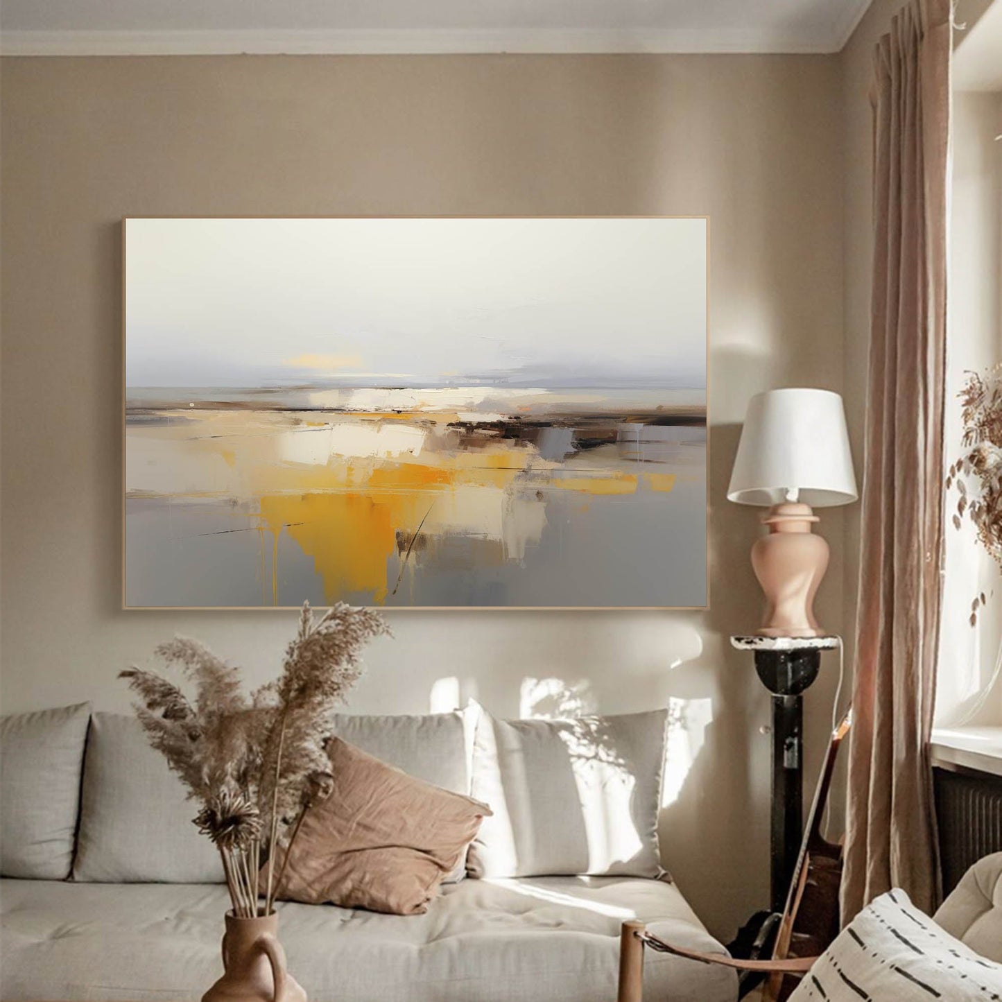 Golden Horizon - Serene Muted Landscape Art, Abstract Yellow and Gray Painting