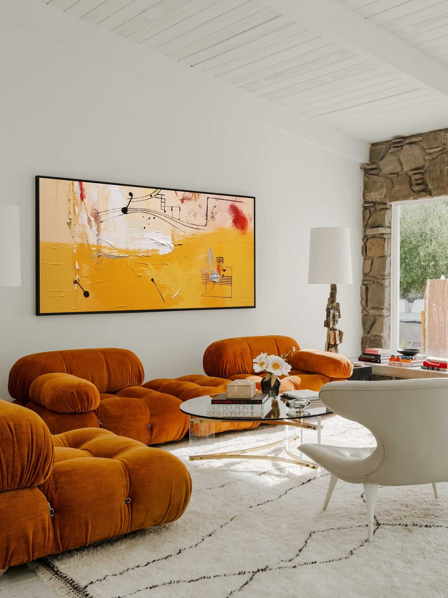 Musical Score - Yellow and Red Abstract Painting on Black Canvas