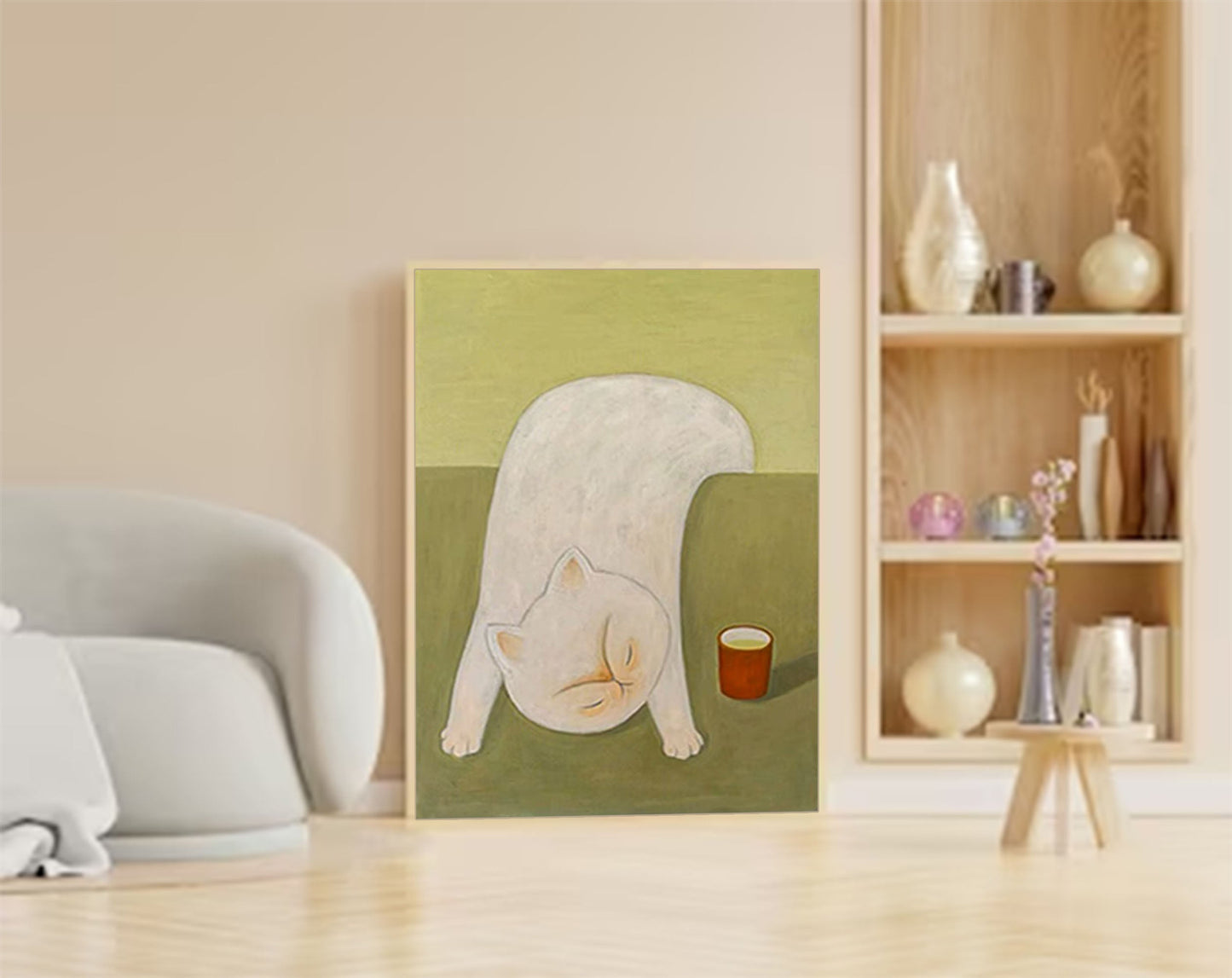 Sleepy Tea Time - Whimsical Cat Wall Art Canvas Painting