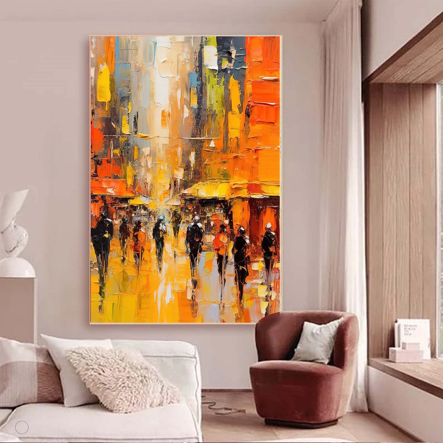 Golden Street - Palette Knife Painting Abstract Cityscape Canvas