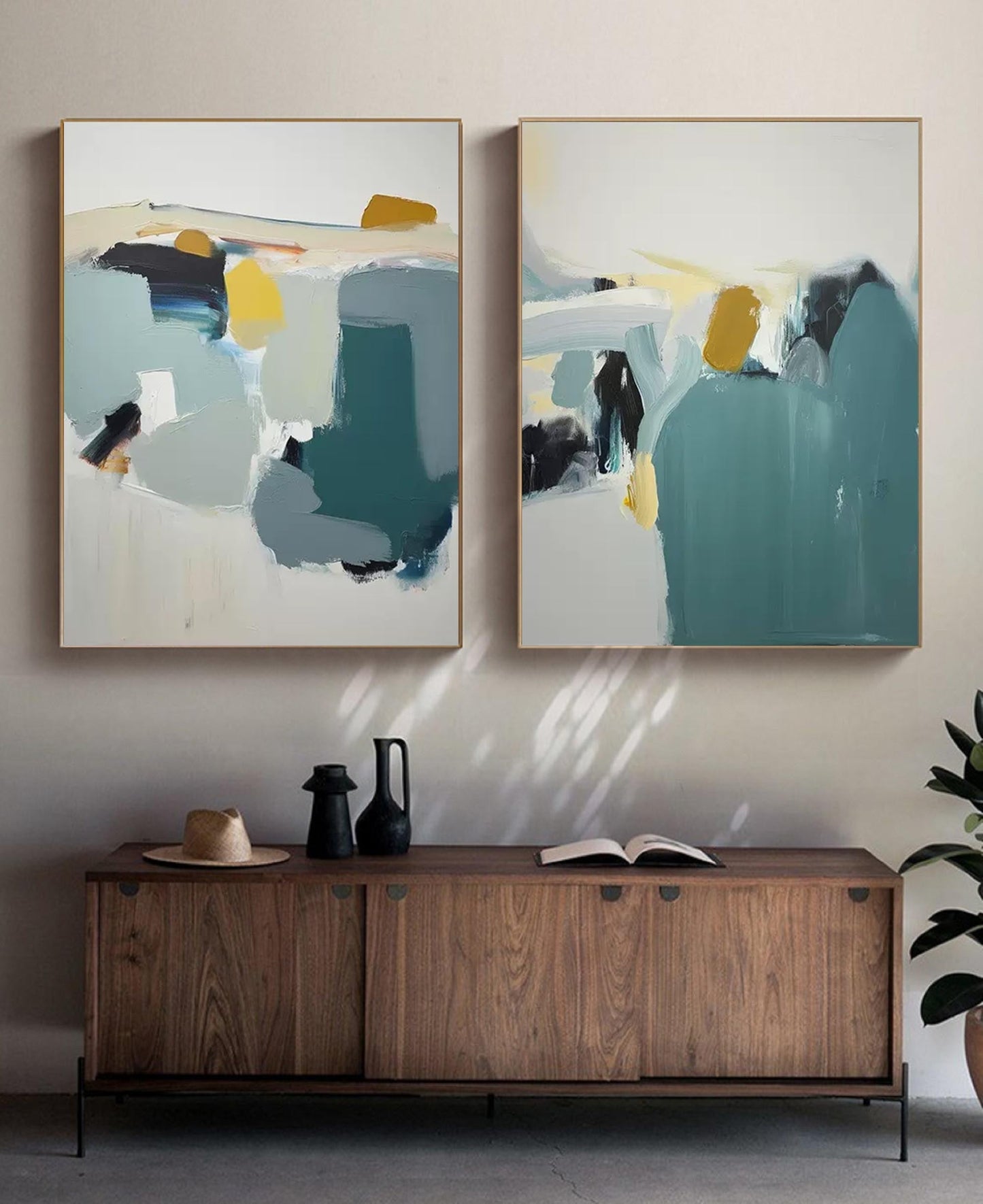 Muted Hills - Serene Green and Yellow Diptych Wall Art Set