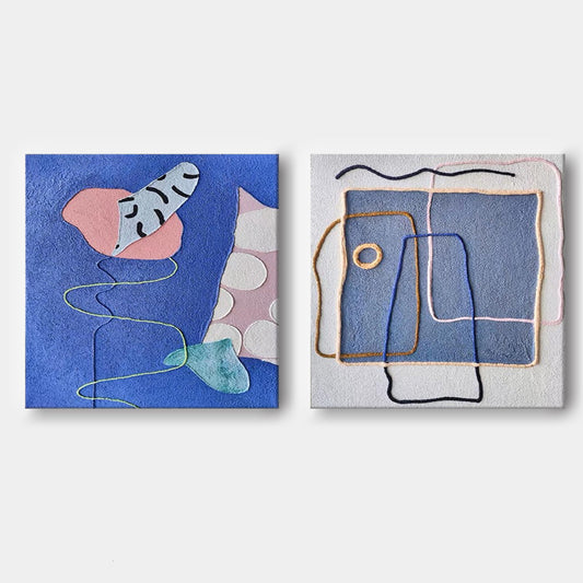 Playful Lines - Blue Wall Art Abstract Mixed Media Canvas Set