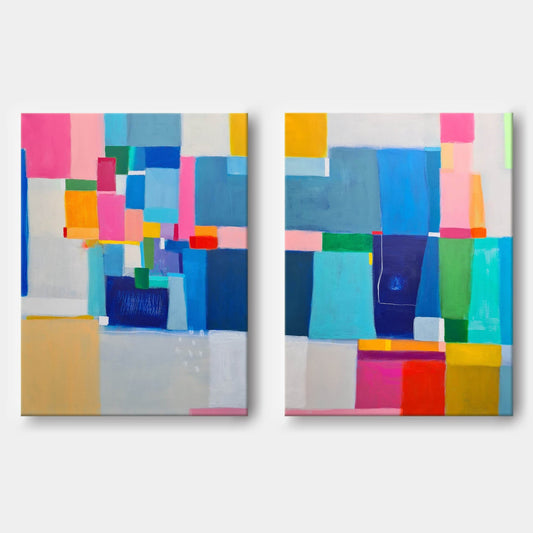 Color Blocks - Wall Art Set of 2 Colorful Geometric Canvas Paintings