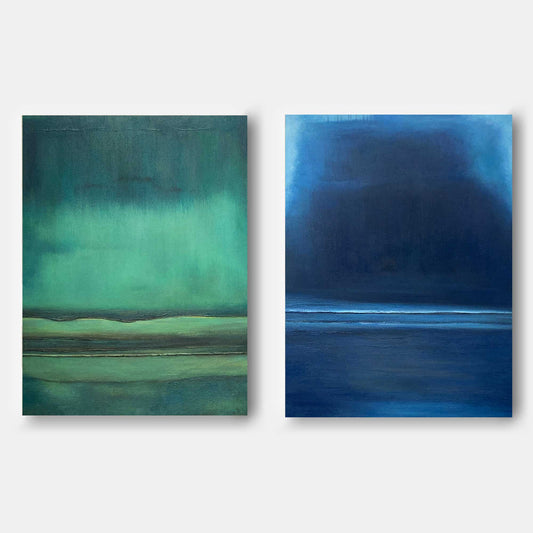 Deep Horizons - Moody Blue Green Abstract Art Diptych