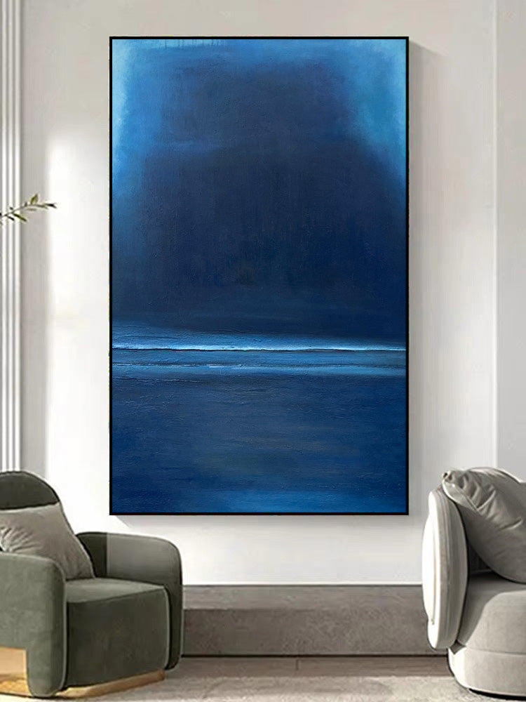 Midnight Horizon - Minimalist Dark Ocean Painting in Deep Blue