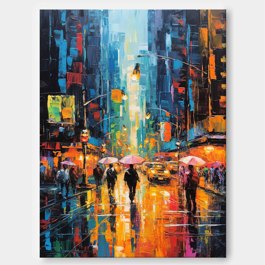 Neon Rain - Abstract City Painting Colorful Street Scene