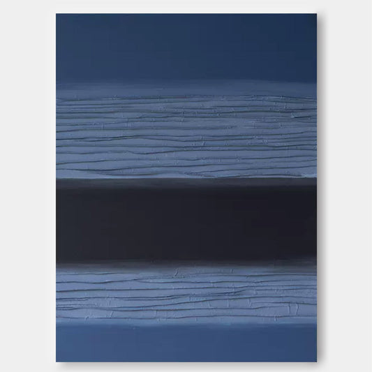 Void Horizon - Minimalist Black Abstract Painting with Textured Blue