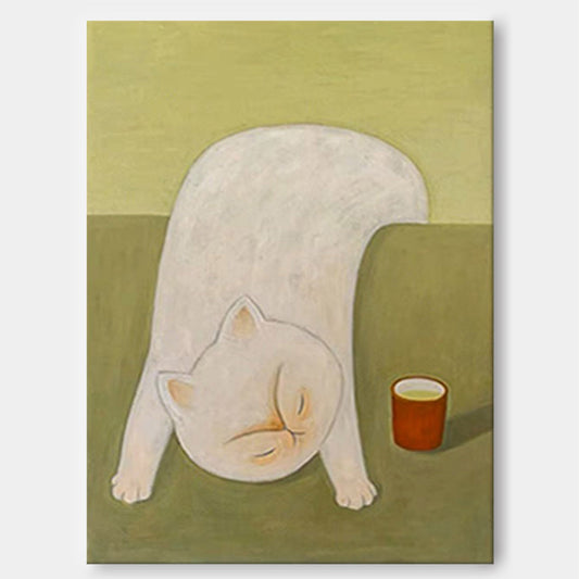 Sleepy Tea Time - Whimsical Cat Wall Art Canvas Painting