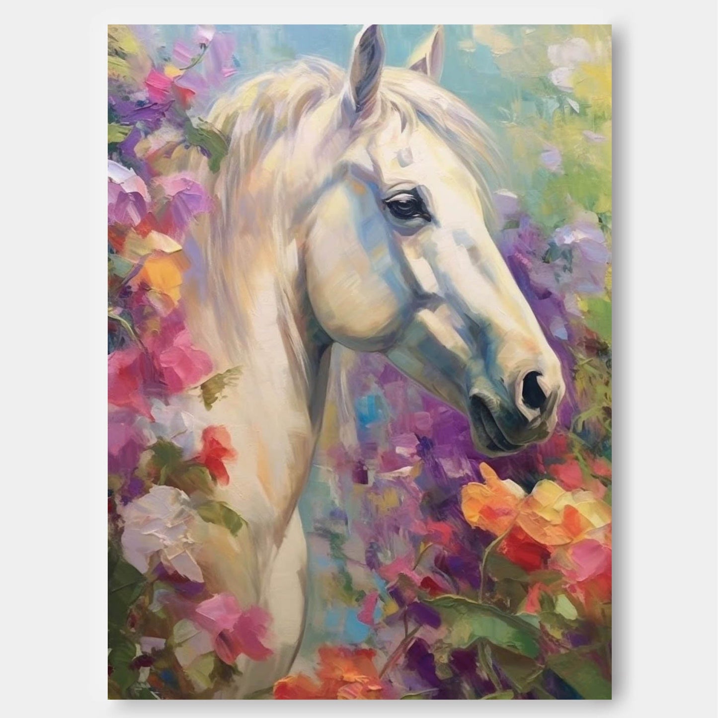 Floral Dream - Impressionist Canvas Flower Oil Painting with White Horse