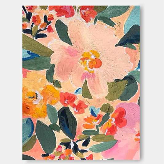 Garden Party - Contemporary Floral Oil Painting, Colorful Peach Wall Art