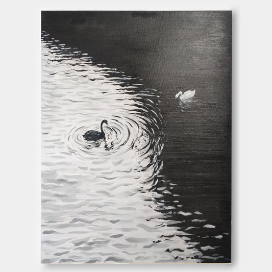 Duality - Black and White Art Paintings of Swans on Water