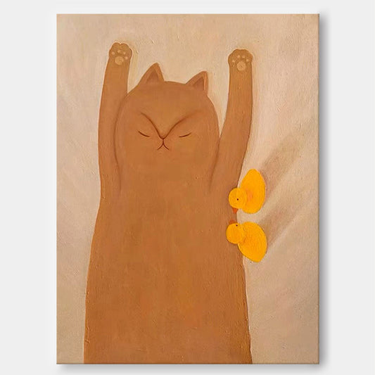 Morning Stretch - Cute Cat and Chick Nursery Wall Art