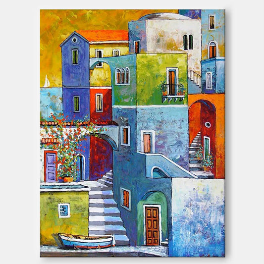 Coastal Charm - Mediterranean Wall Art Colorful Village Canvas