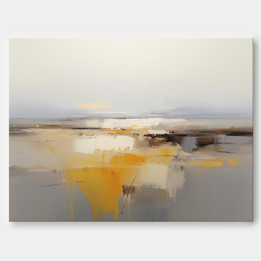 Golden Horizon - Serene Muted Landscape Art, Abstract Yellow and Gray Painting