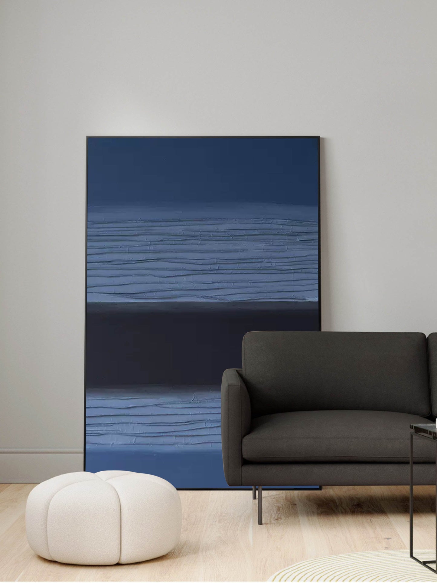 Void Horizon - Minimalist Black Abstract Painting with Textured Blue