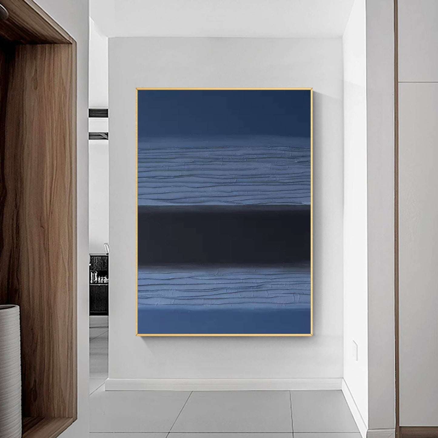 Void Horizon - Minimalist Black Abstract Painting with Textured Blue
