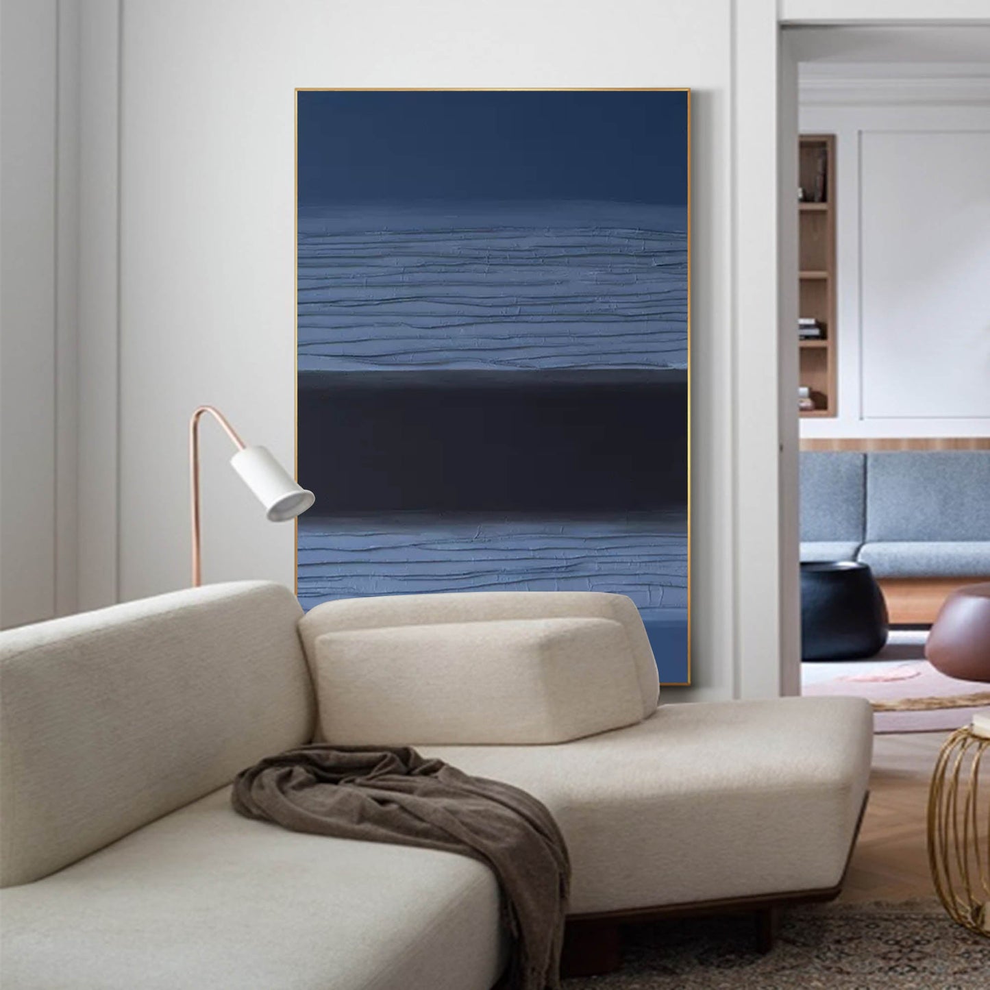 Void Horizon - Minimalist Black Abstract Painting with Textured Blue