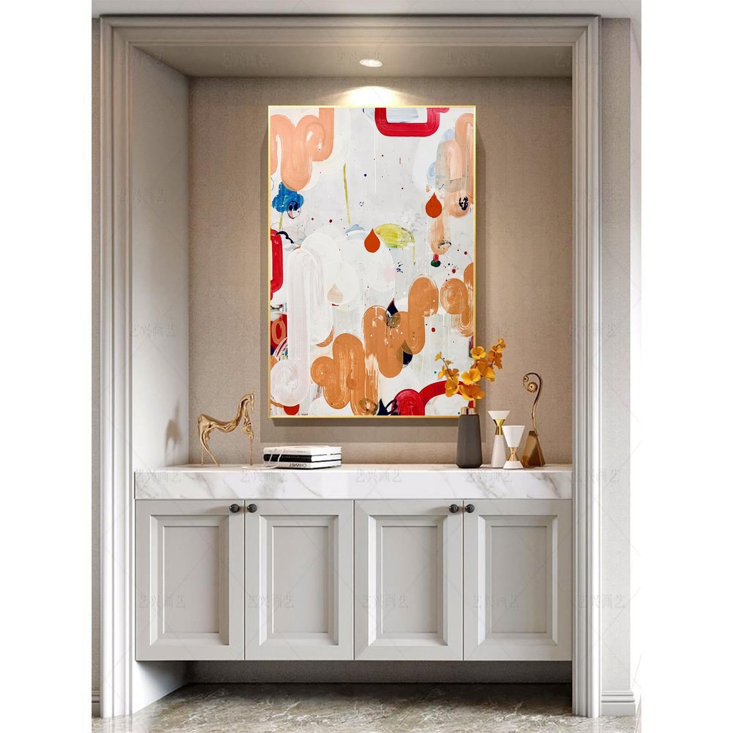 Fluid Play - Orange and White Modern Abstract Painting on Canvas