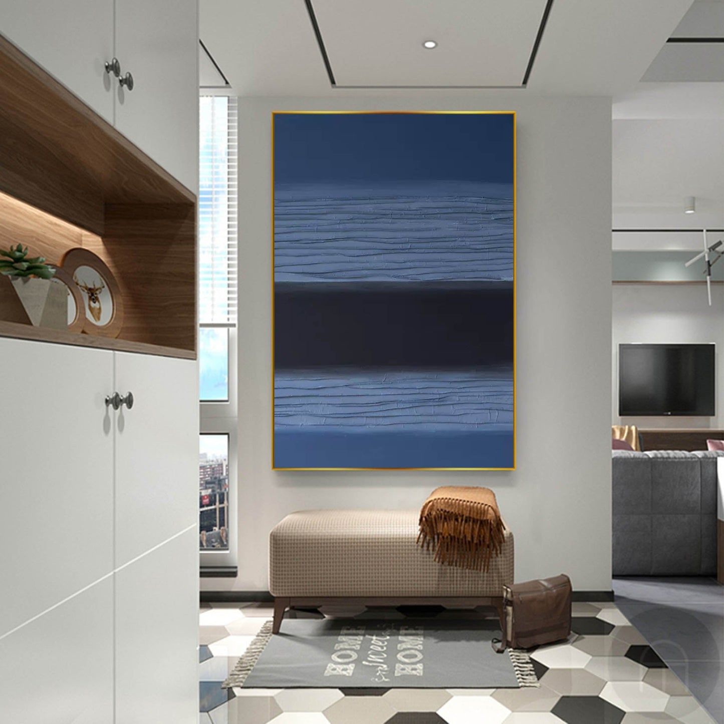 Void Horizon - Minimalist Black Abstract Painting with Textured Blue