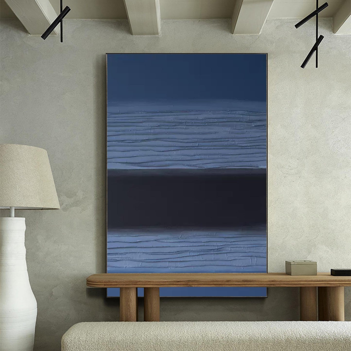 Void Horizon - Minimalist Black Abstract Painting with Textured Blue