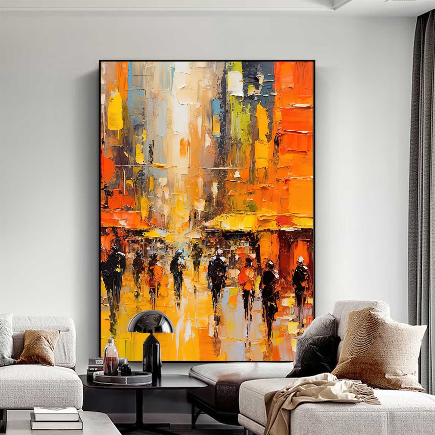 Golden Street - Palette Knife Painting Abstract Cityscape Canvas