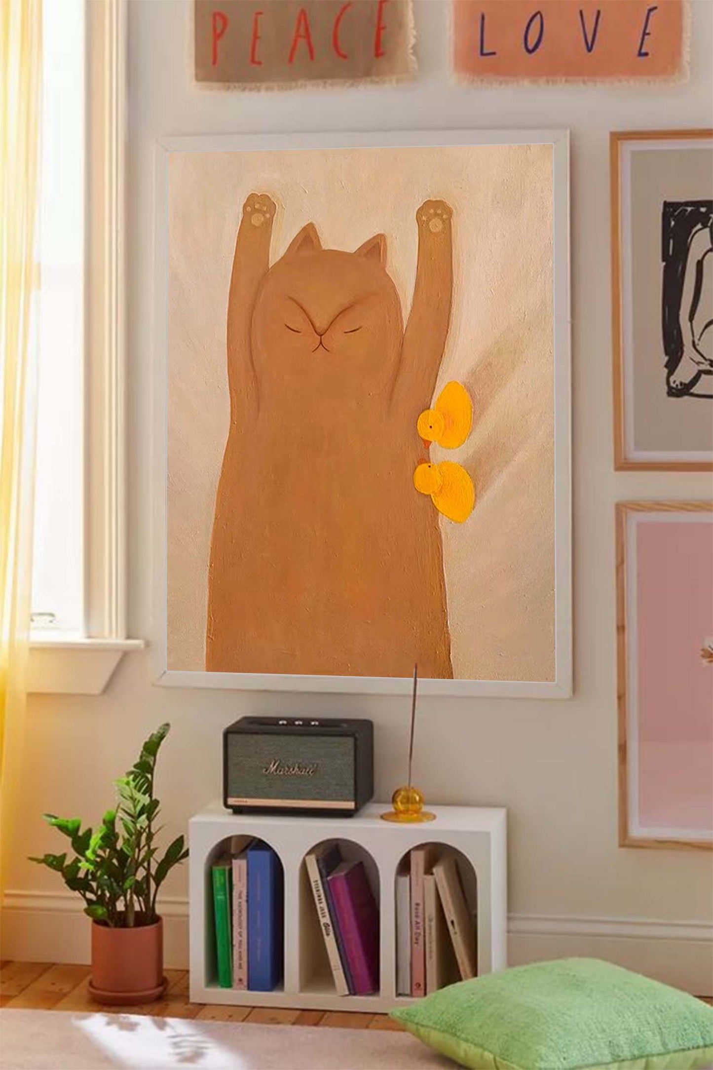 Morning Stretch - Cute Cat and Chick Nursery Wall Art