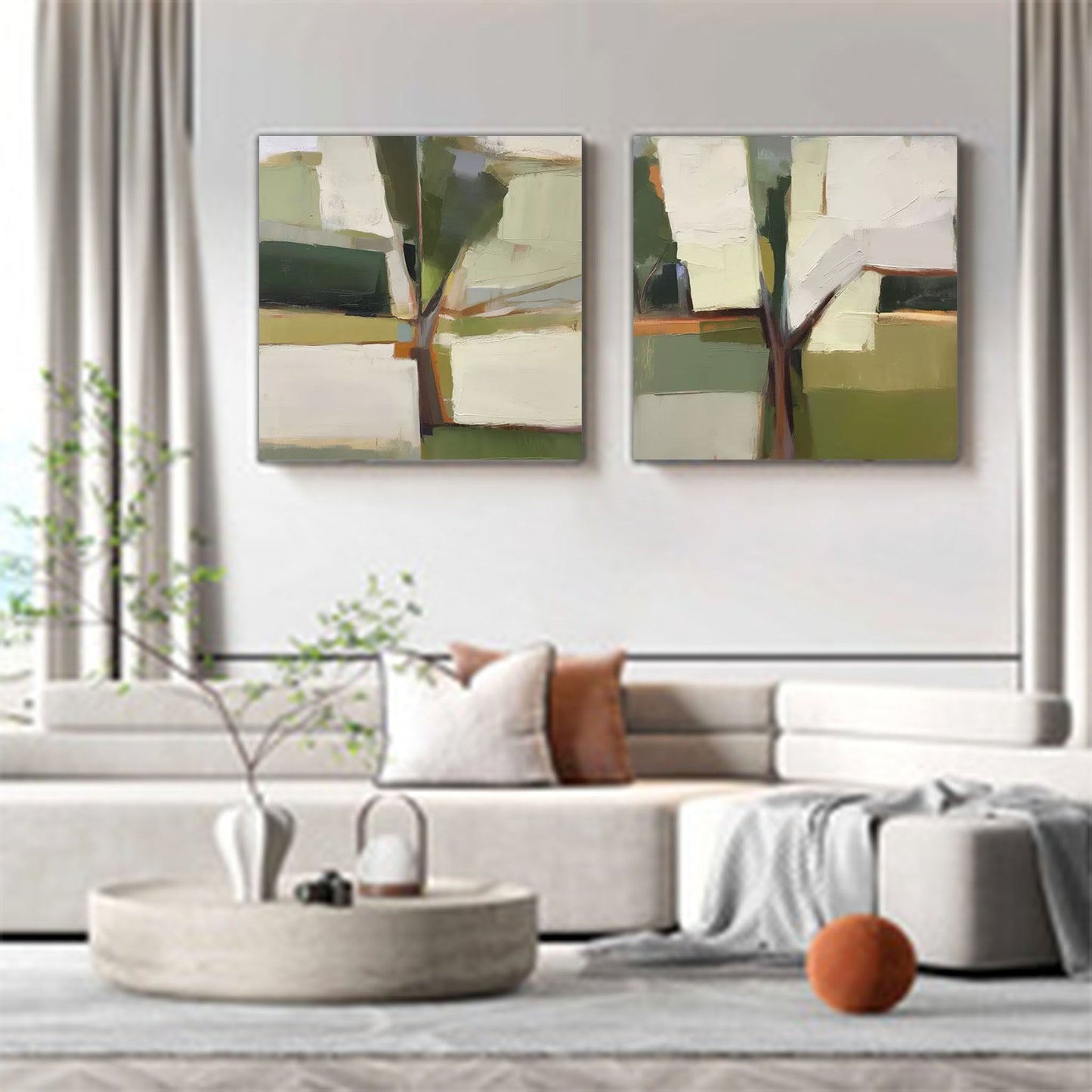 Olive Grove Diptych - Modern Abstract Tree Painting Set