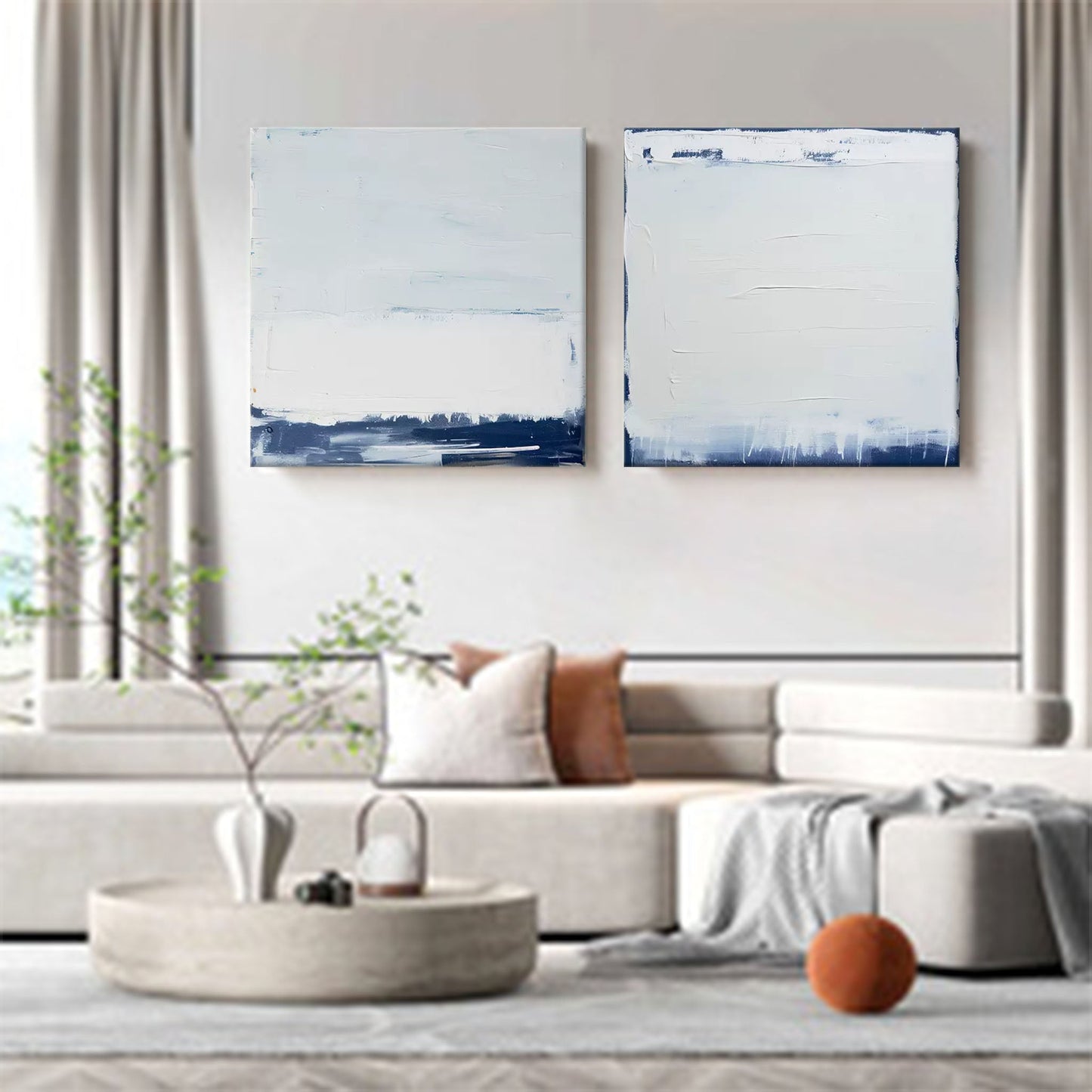 Seascape Diptych - Minimalist White on White Abstract Paintings