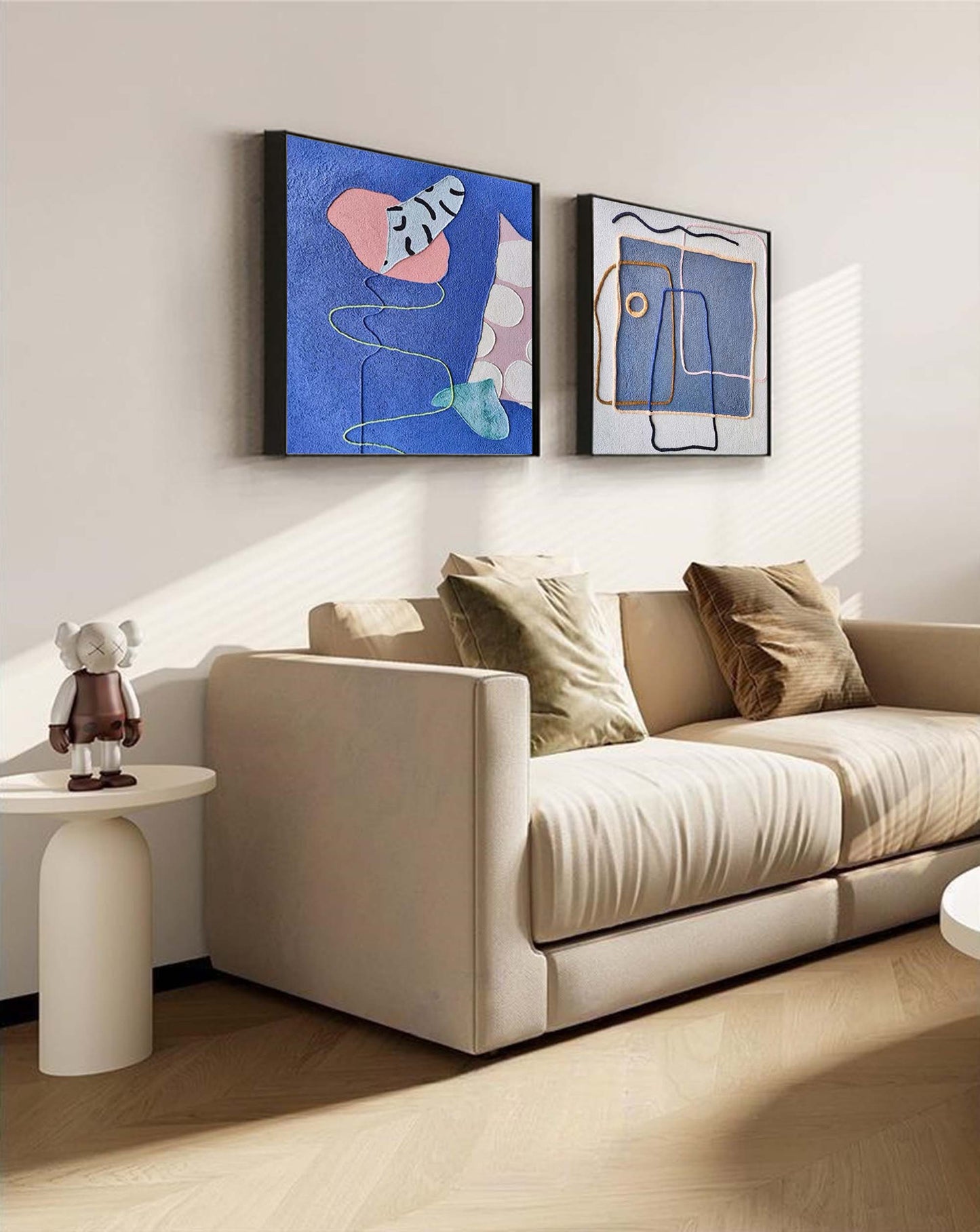 Playful Lines - Blue Wall Art Abstract Mixed Media Canvas Set