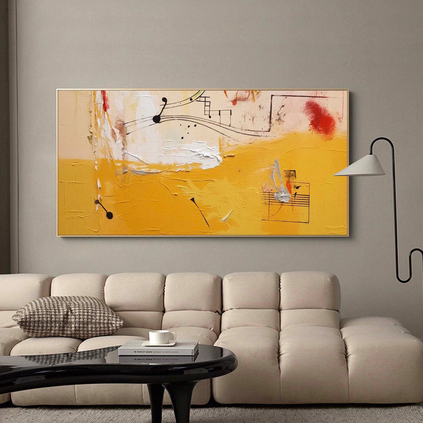 Musical Score - Yellow and Red Abstract Painting on Black Canvas