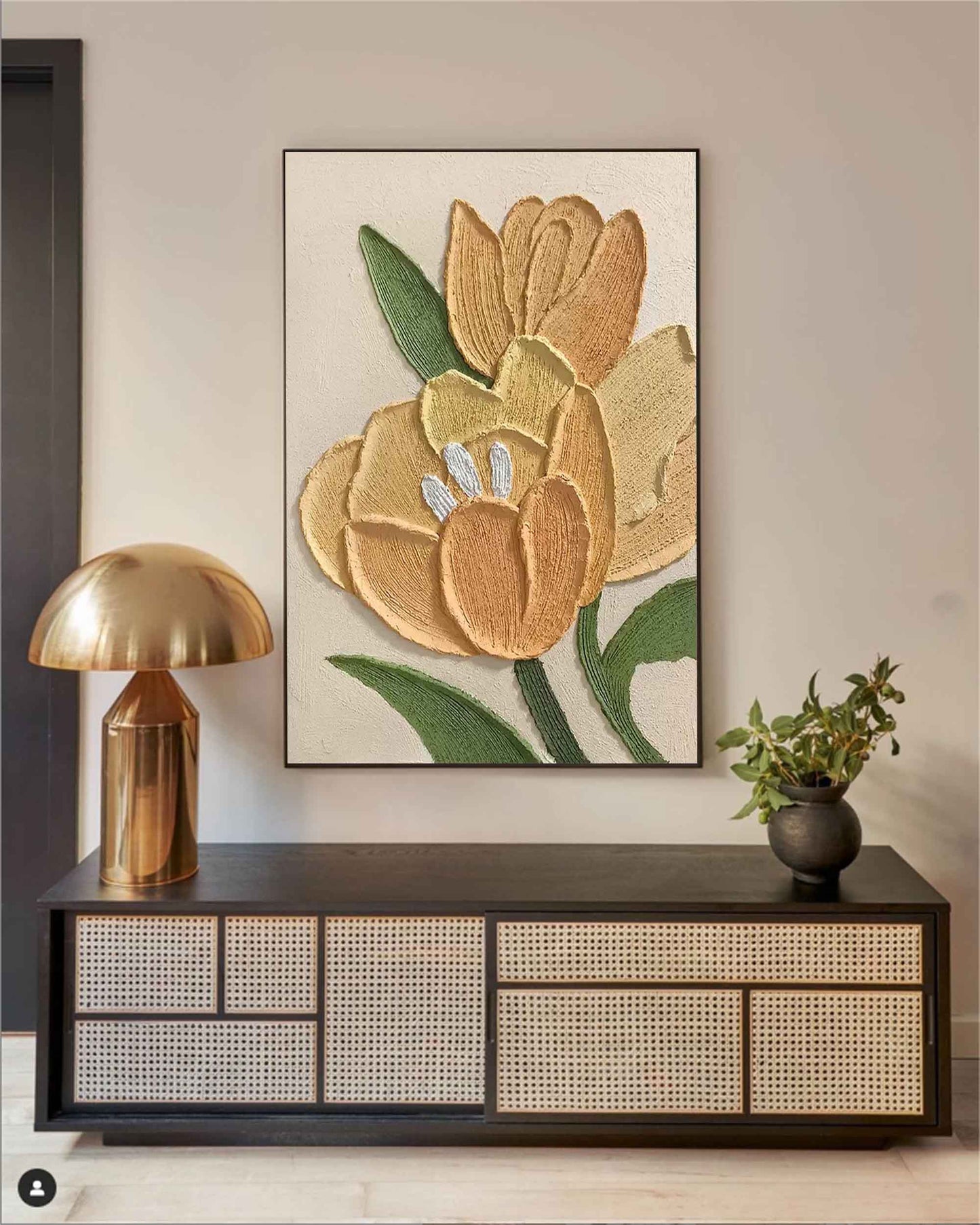 Golden Hour Tulips - Textured Yellow Tree Painting with White Accents