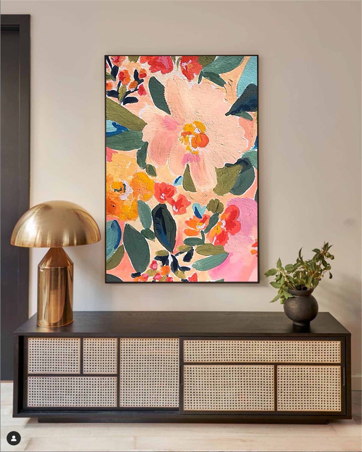 Garden Party - Contemporary Floral Oil Painting, Colorful Peach Wall Art
