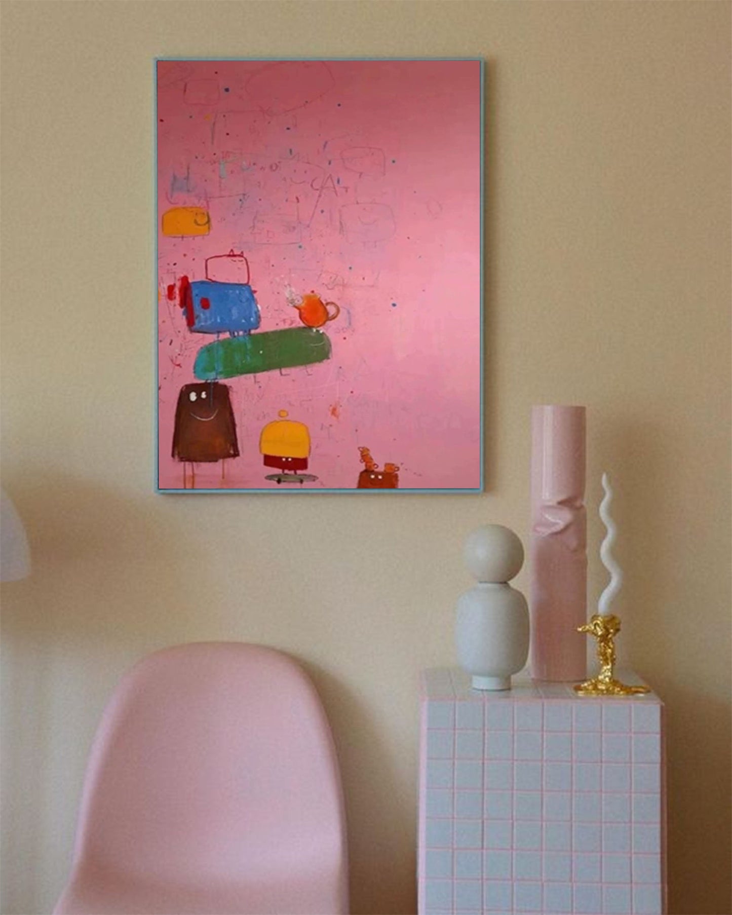 Tea Party Tower - Quirky Wall Art Whimsical Canvas Painting