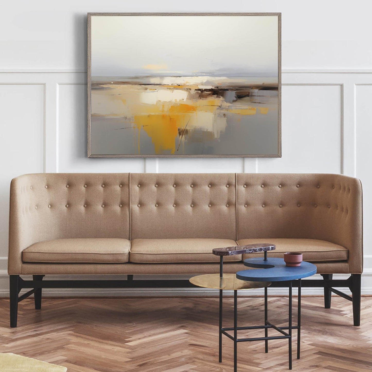 Golden Horizon - Serene Muted Landscape Art, Abstract Yellow and Gray Painting