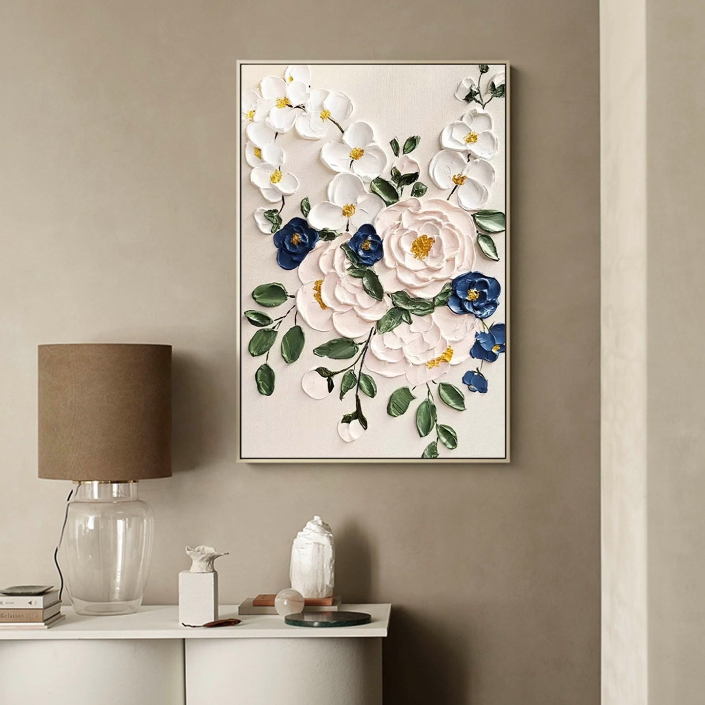 Timeless Bouquet - Elegant 3D White Flower Wall Art with Blue Accents