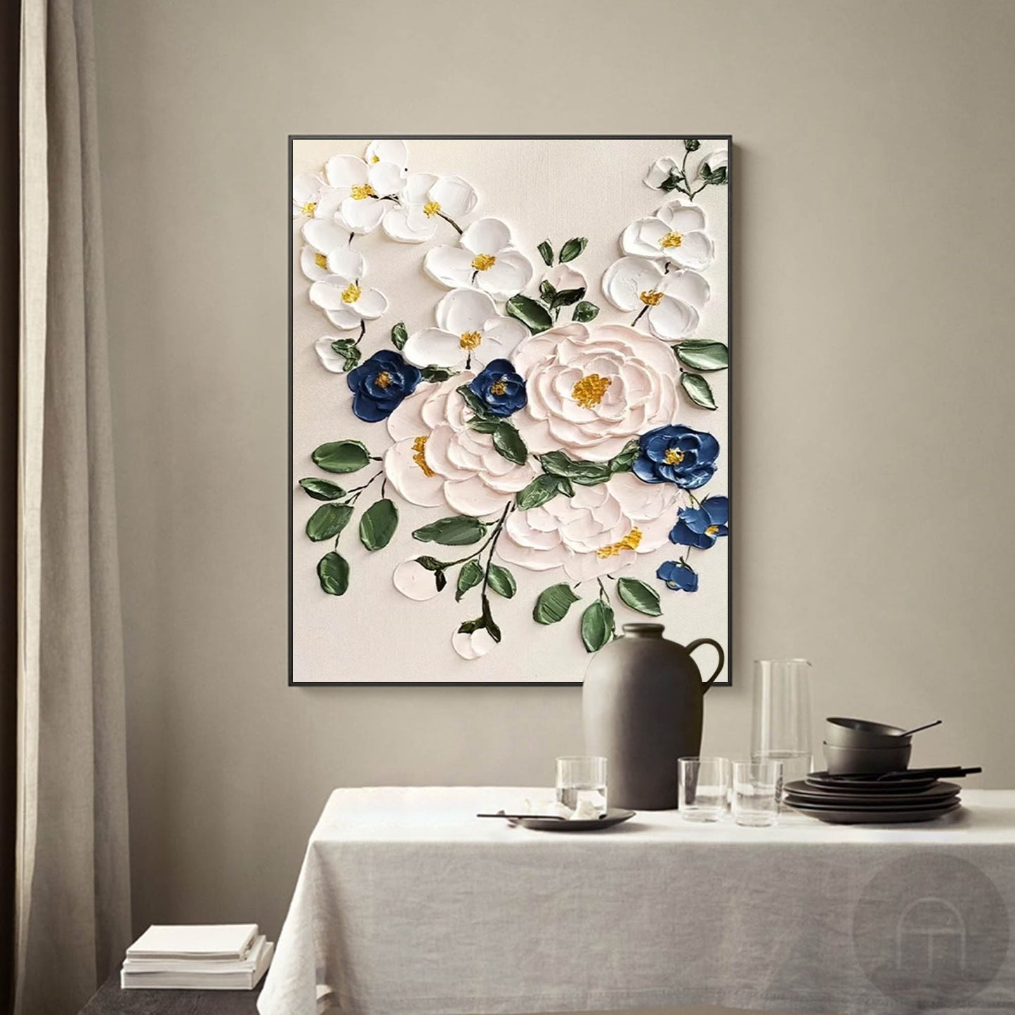 Timeless Bouquet - Elegant 3D White Flower Wall Art with Blue Accents